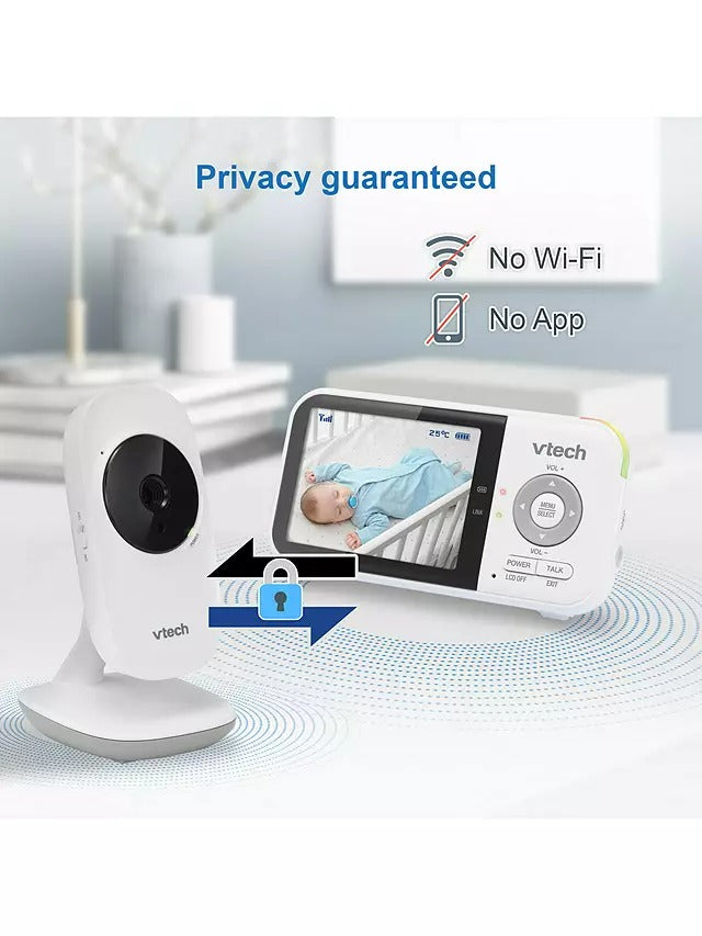 Vtech baby monitor with a child in a crib on the screen, emphasizing privacy and no WiFi/no app features.