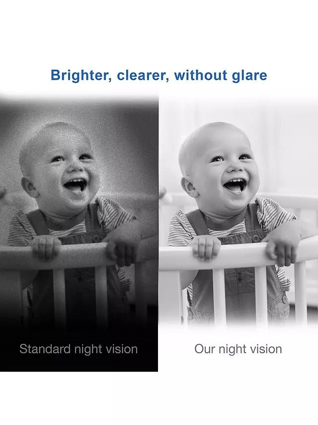Comparison of standard night vision and our night vision on a baby in a crib.