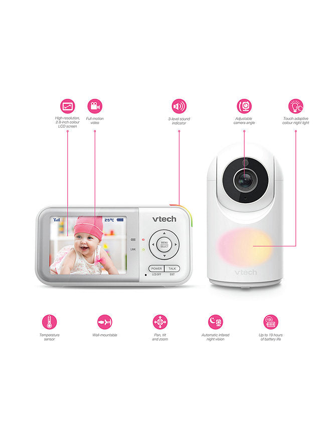 Vtech baby monitor with display and camera on a white background