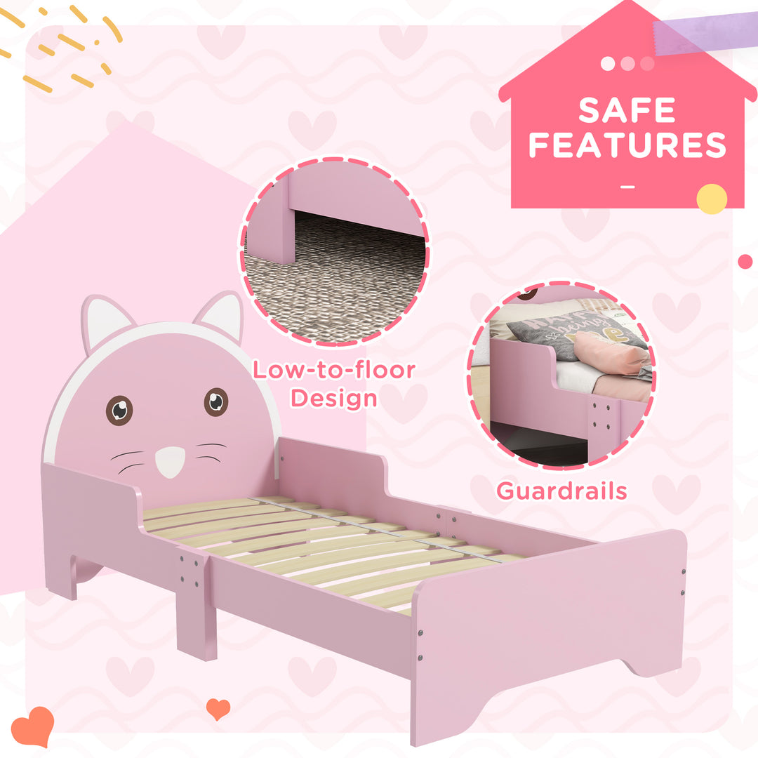 ZONEKIZ Bed for Kids Cat Design Toddler Bed Frame Bedroom Furniture with Guardrails, for 3-6 Years, 143L x 74W x 72Hcm - Pink - image 5