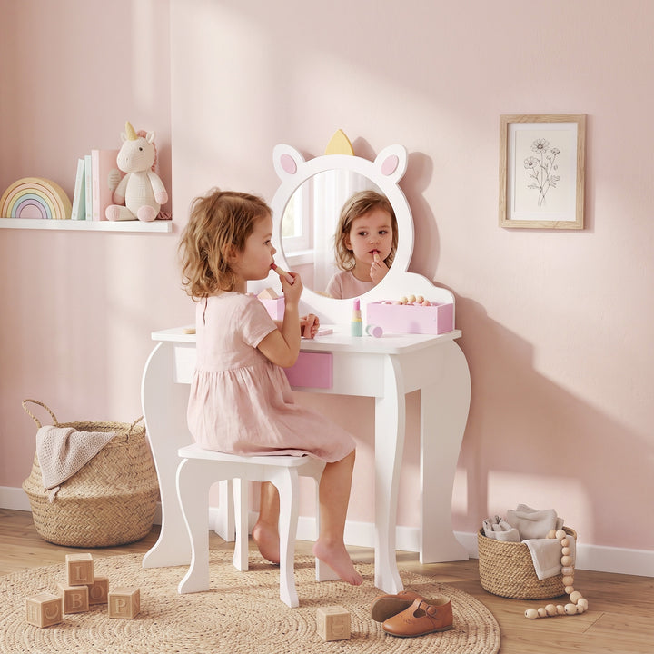 ZONEKIZ Unicorn-Design Kids Dressing Table, with Mirror and Stool - White
