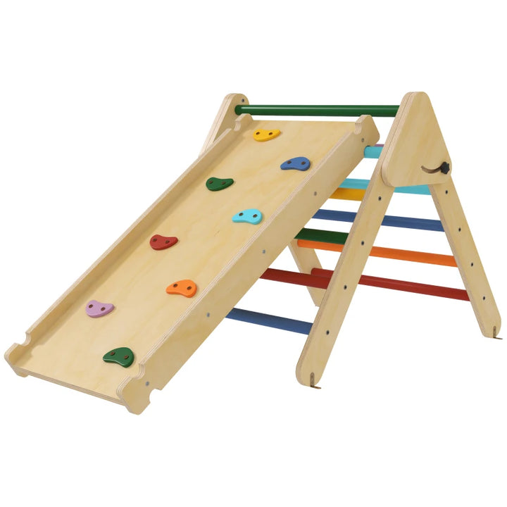 AIYAPLAY Toddler Climbing Frame – 3-in-1 Wooden Pikler Triangle with Ramp – Multicolour