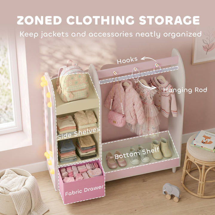 AIYAPLAY Kids Clothing Rack, Kids Wardrobe with Glowing Lights Mirror, Non-Woven Drawer and Shelves for Bedroom, Ages 3-8, Pink