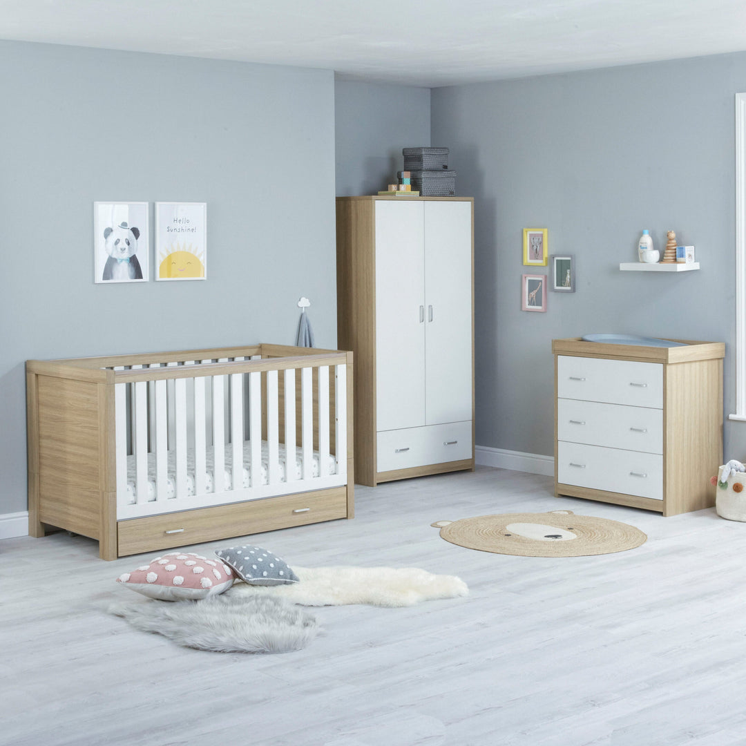 Babymore Luno 3 Piece Nursery Furniture Set with drawer white oak