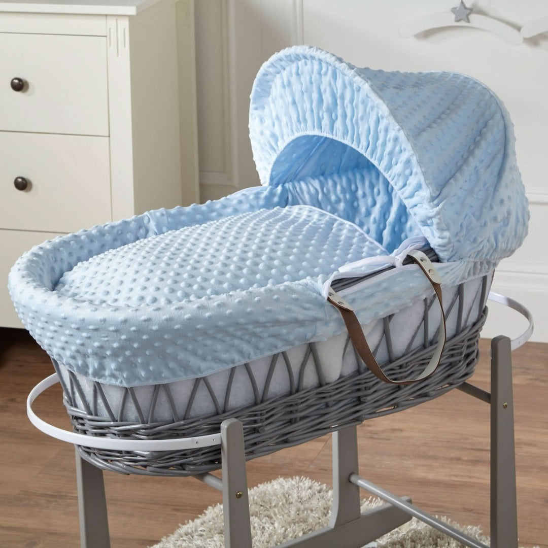 For Your Little One Blue Dimple Grey Wicker Baby Moses Basket with Stand