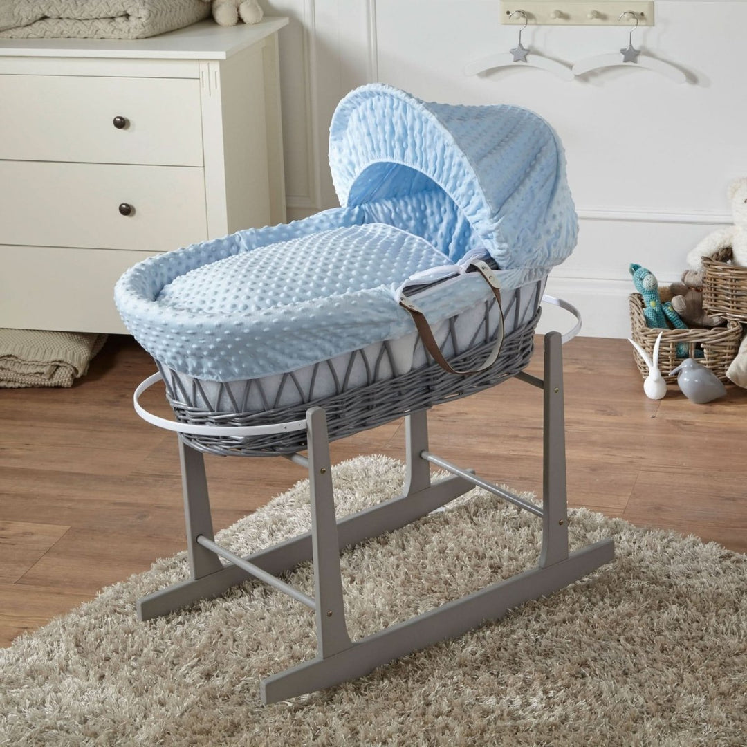 For Your Little One Blue Dimple Grey Wicker Baby Moses Basket with Stand