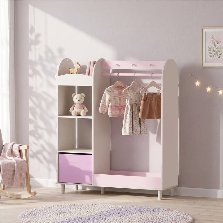 AIYAPLAY Kids Clothing Rack, Kids Wardrobe with Glowing Lights Mirror, Non-Woven Drawer and Shelves for Bedroom, Ages 3-8, Pink
