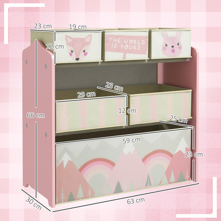 ZONEKIZ Kids Storage Unit, Toy Storage Organiser, with Six Fabric Bins, for Bedrooms, Playrooms, Nurseries - Pink - image 3