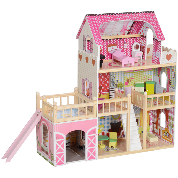 AIYAPLAY 3-Level Dolls House Play Set with 13 Wooden Furniture Pieces – Pink