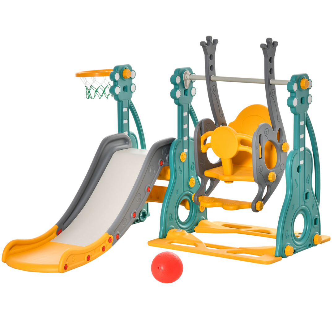 HOMCOM 3-in-1 Toddler Swing & Slide Playset with Hoop
