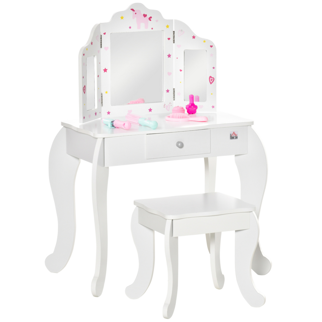 HOMCOM Kids Vanity Table & Chair Set with Tri-Folding Mirror – White