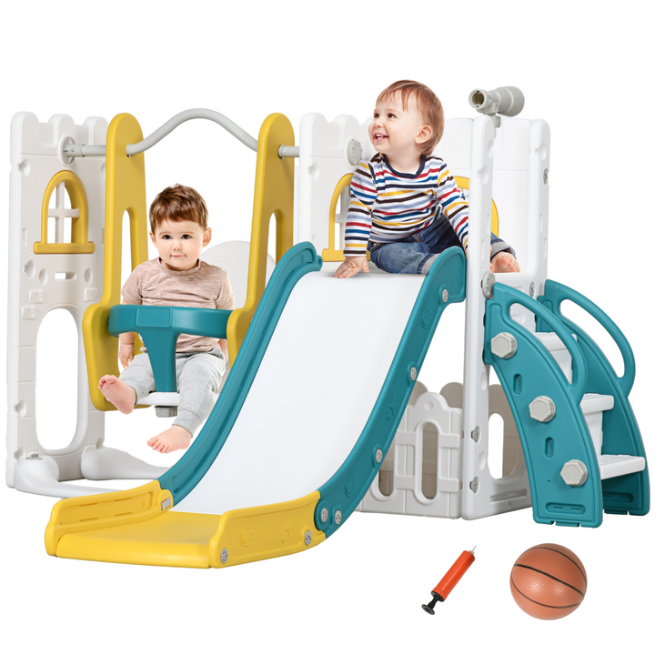 AIYAPLAY 6-in-1 Swing &amp; Slide Set with Basketball Hoop – Yellow (Ages 1–3 Years)