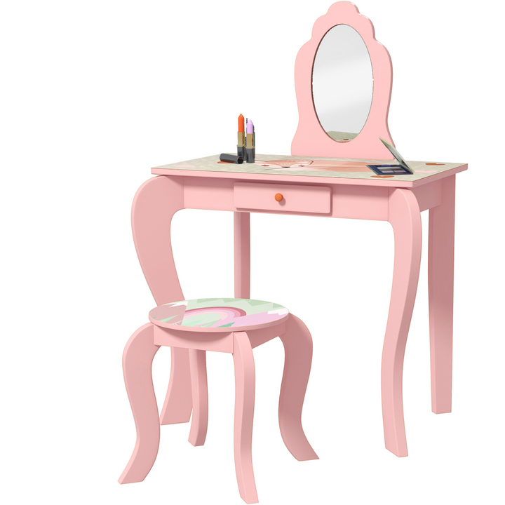 ZONEKIZ Kids Dressing Table & Stool – Pink Animal Vanity Set