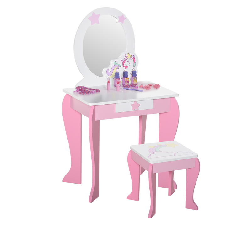 HOMCOM Kids Unicorn Dressing Table & Stool – Pink Vanity Set
