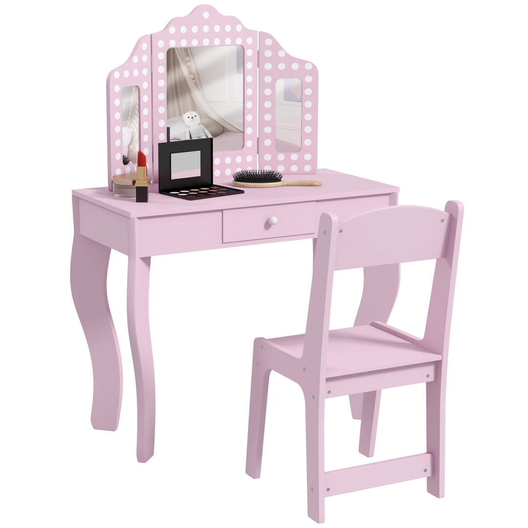 AIYAPLAY Kids Dressing Table & Stool – Pink Tri-Fold Mirror Vanity Set