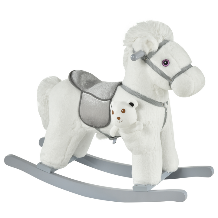 HOMCOM Kids Plush Rocking Horse with Sounds & Teddy – White