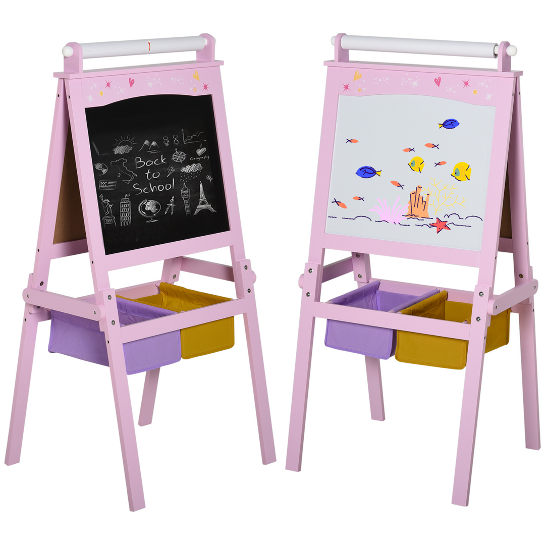 HOMCOM 3-in-1 Wooden Kids Art Easel with Paper Roll – Pink