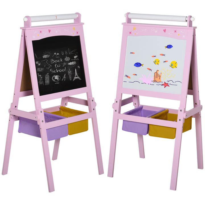 HOMCOM 3-in-1 Wooden Kids Art Easel with Paper Roll – Pink