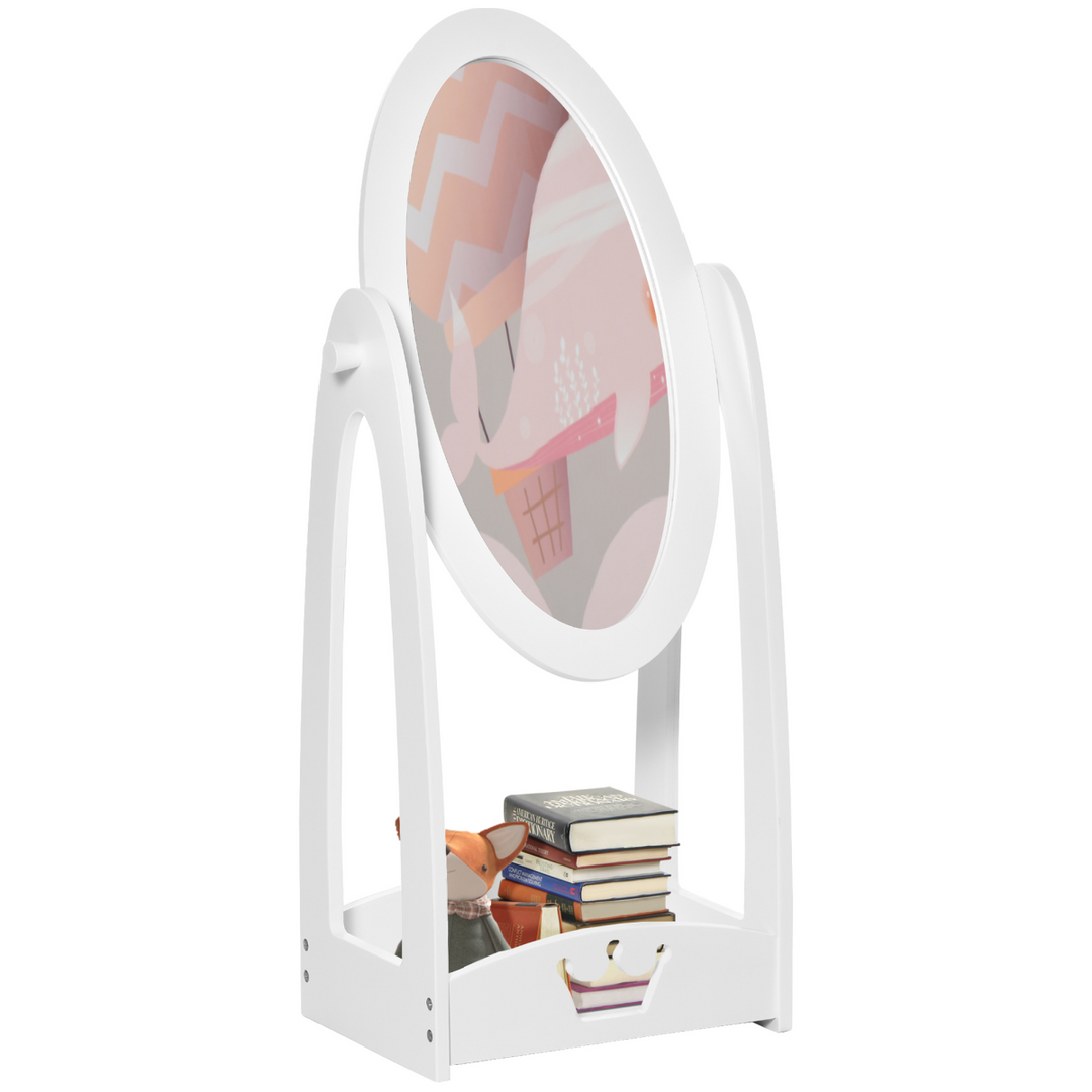 HOMCOM Kids 360° Rotating Full-Length Mirror with Shelf – White | Ages 3–8