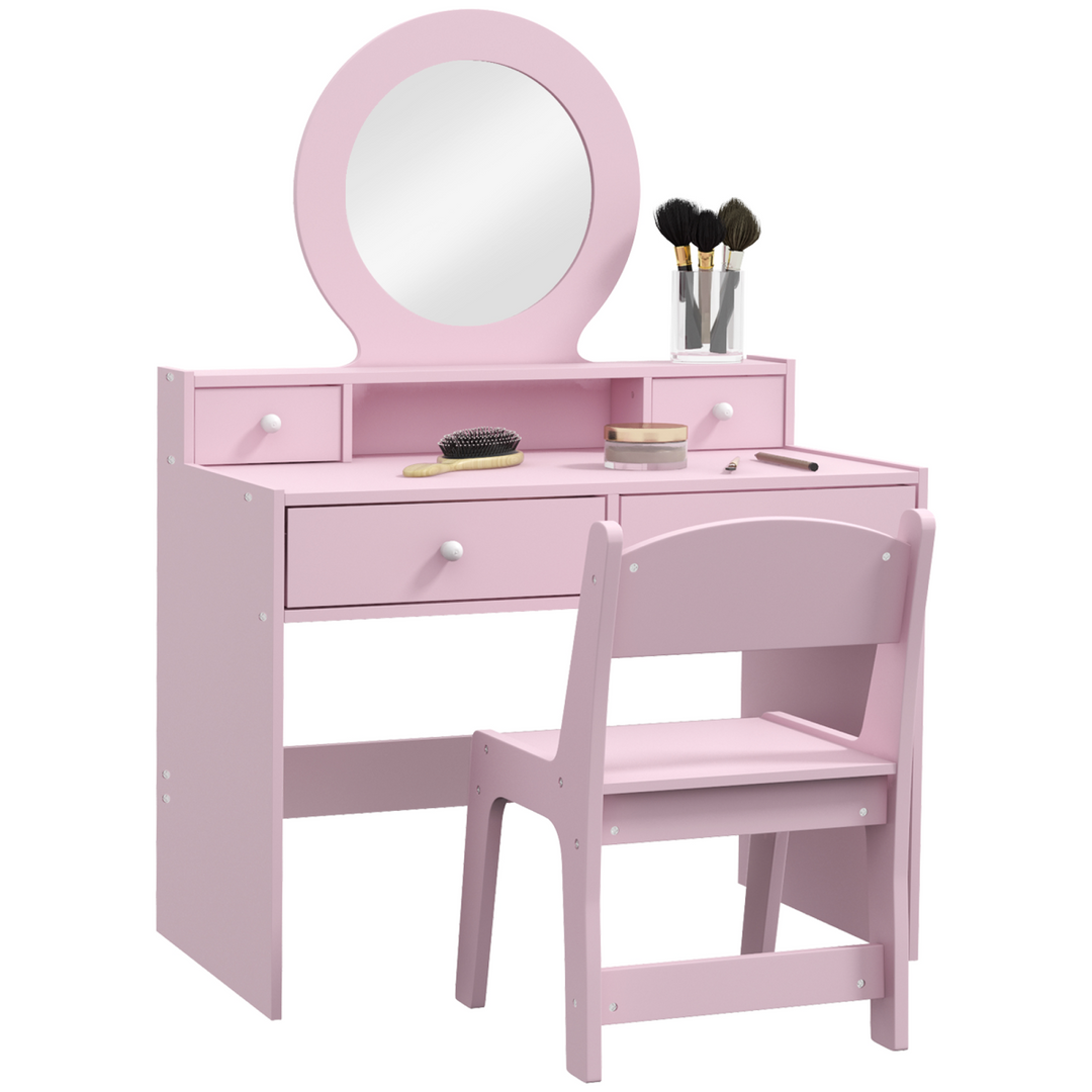 AIYAPLAY Kids Dressing Table & Stool – Pink Oval Mirror Vanity Set