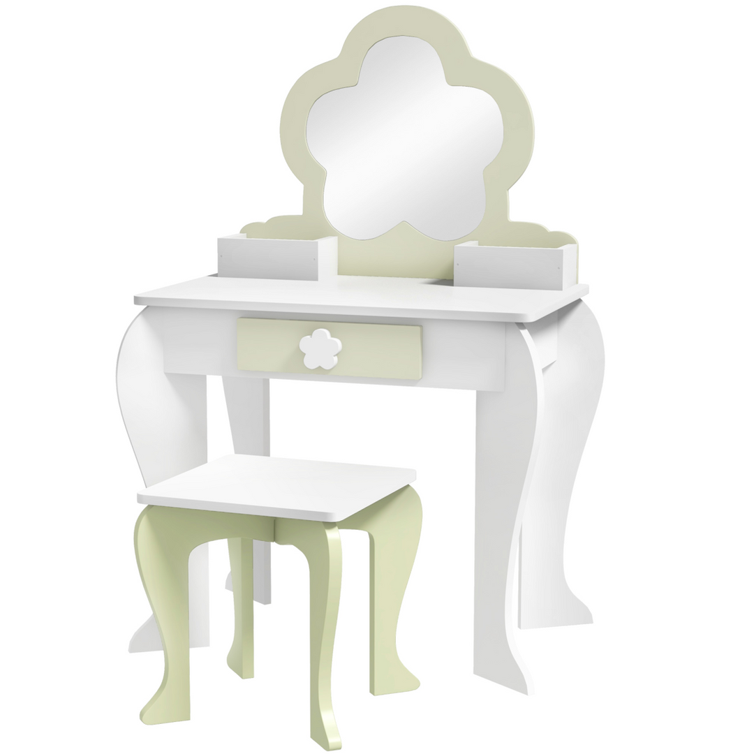 ZONEKIZ Kids Dressing Table & Stool – White Flower Vanity Set