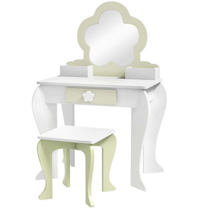 ZONEKIZ Kids Dressing Table & Stool – White Flower Vanity Set