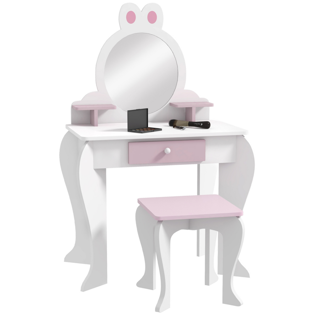 ZONEKIZ Kids Dressing Table & Stool – White & Pink Bunny Vanity Set