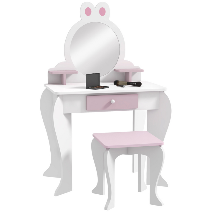 ZONEKIZ Kids Dressing Table & Stool – White & Pink Bunny Vanity Set