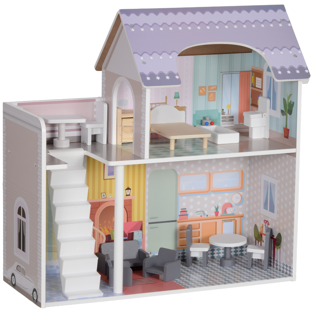AIYAPLAY 2-Level Dolls House with Balcony &amp; 13 Furniture Pieces – Multicoloured