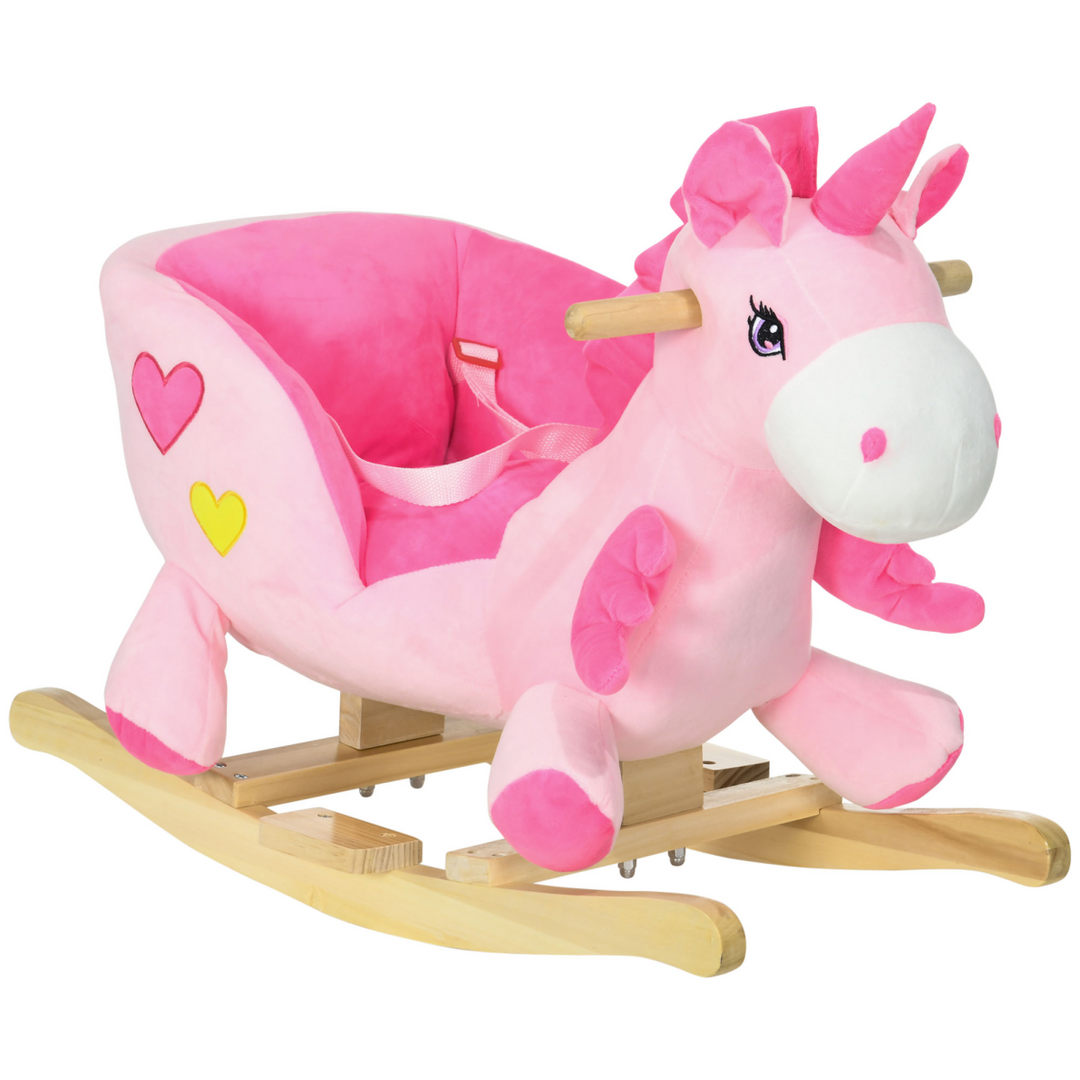 HOMCOM Kids Rocking Unicorn – Pink Plush Ride-On with Music