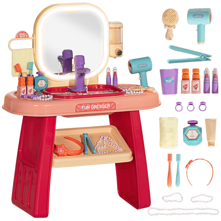 AIYAPLAY Kids Dressing Table with LED Mirror & 23 Accessories – Pink