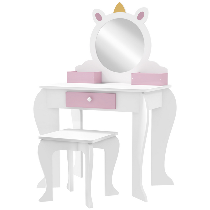 ZONEKIZ Kids Unicorn Dressing Table & Stool – White & Pink Vanity Set