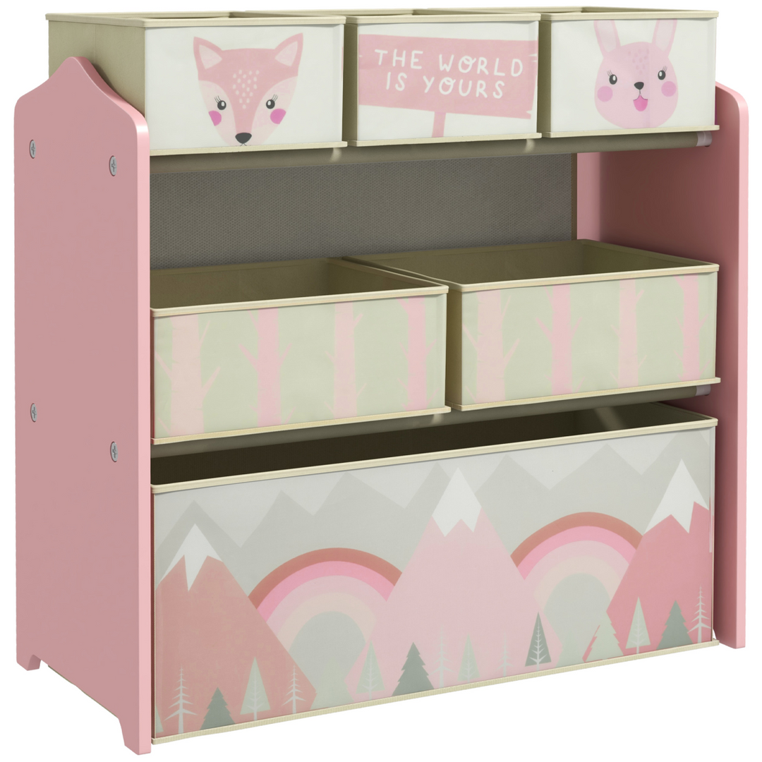 ZONEKIZ Kids Storage Organiser with Six Fabric Bins – Pink