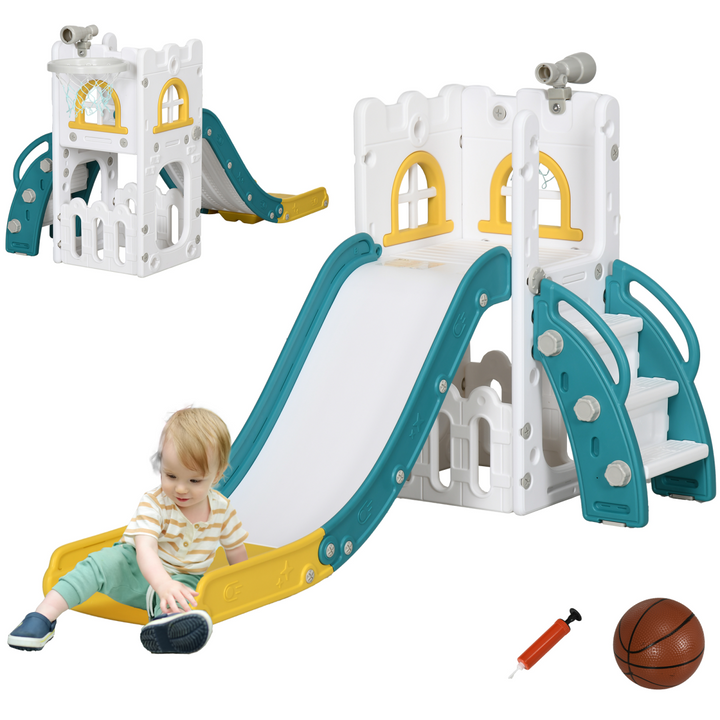 AIYAPLAY 4-in-1 Toddler Slide with Hoop, Telescope & Storage – Yellow
