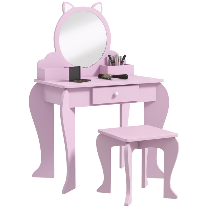 ZONEKIZ Kids Dressing Table & Stool – Pink Cat Vanity Set