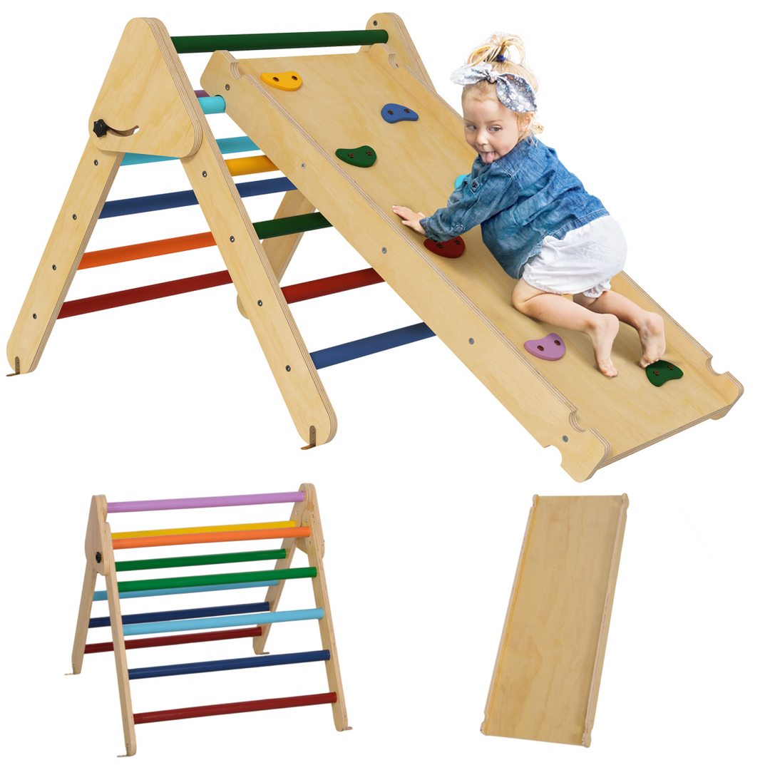 AIYAPLAY Toddler Climbing Frame – 3-in-1 Wooden Pikler Triangle with Ramp – Multicolour