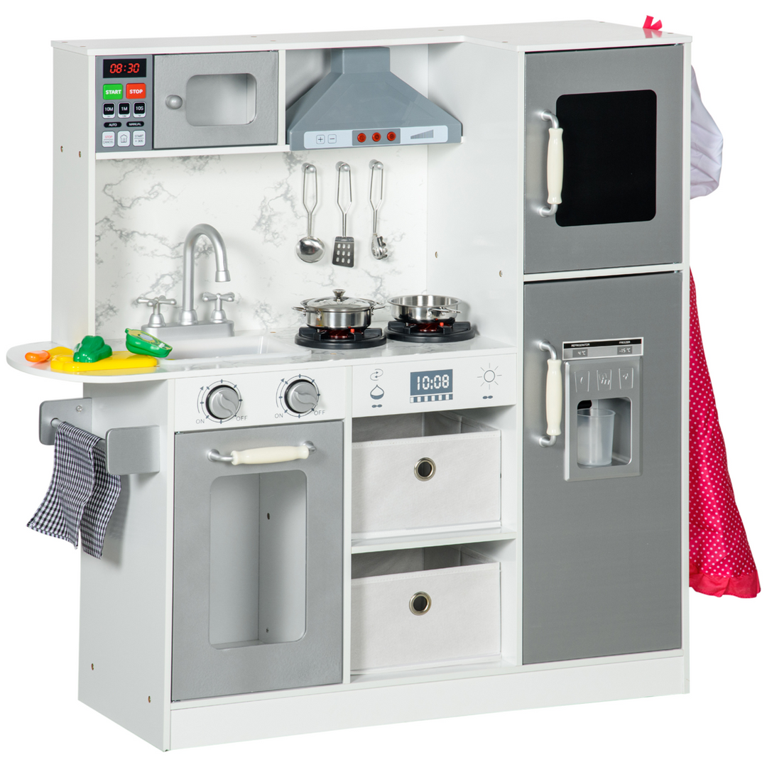 AIYAPLAY Toy Kitchen with Lights, Sounds, Ice Maker & Chef Set – White