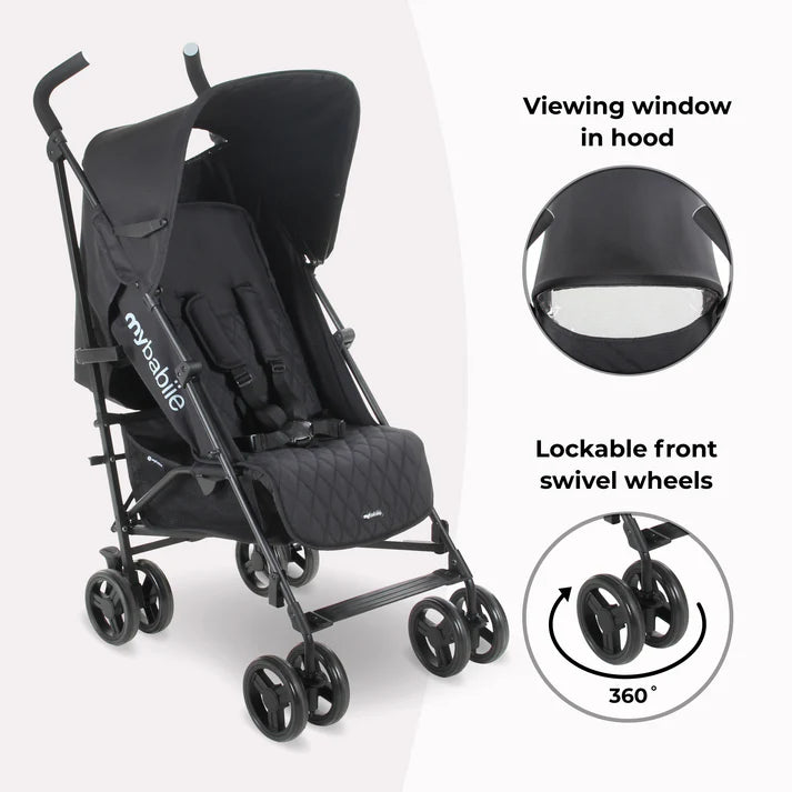 My Babiie stroller with viewing window in hood and lockable front swivel wheels