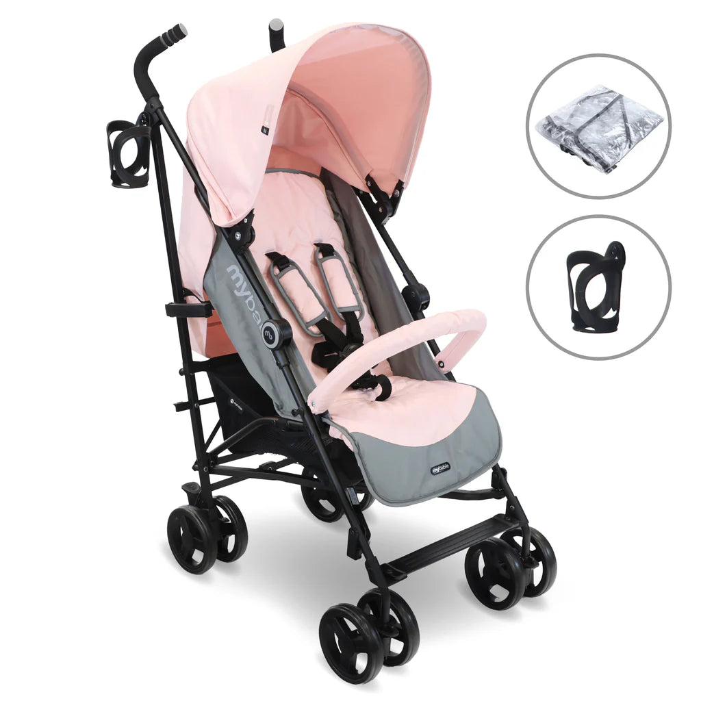 My Babiie MB02 Pink and grey stroller with accessories on a white background