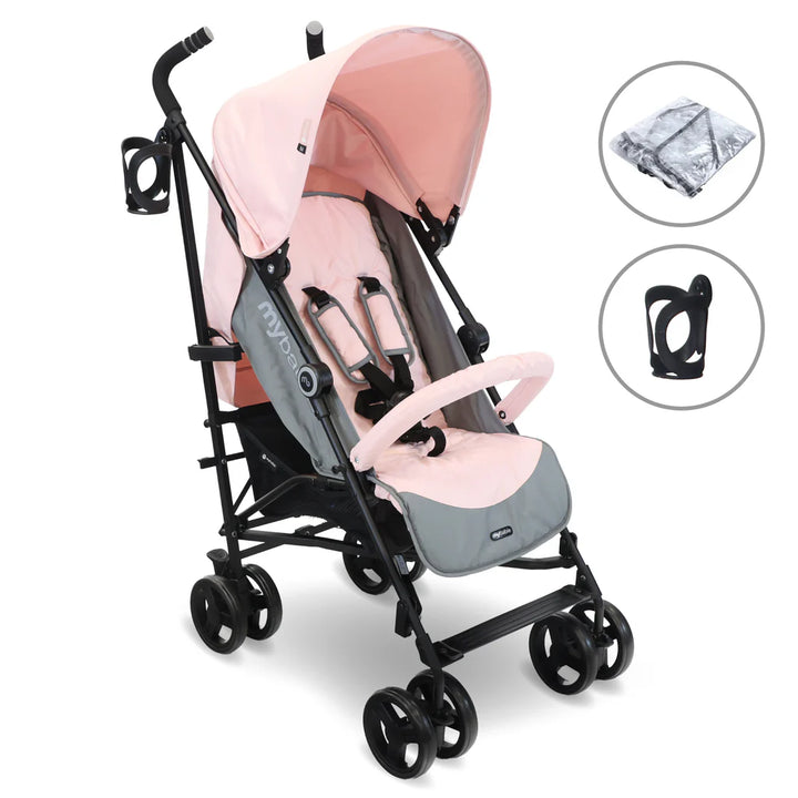 My Babiie MB02 Pink and grey stroller with accessories on a white background