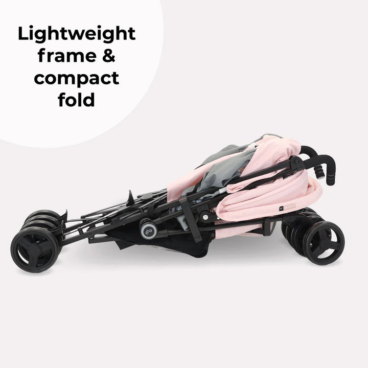 My Babiie MB02 Folded stroller with text 'Lightweight frame & compact fold' on a white background