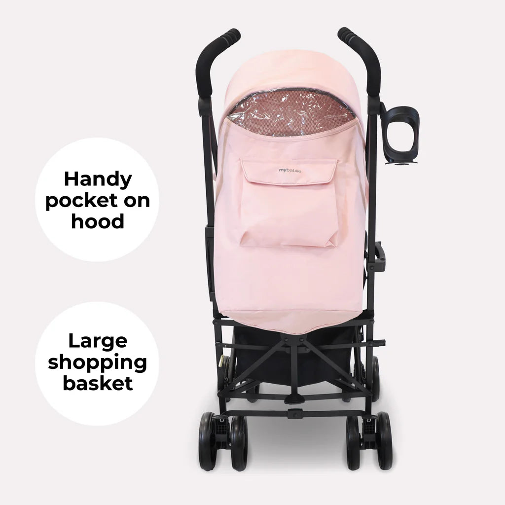 My Babiie MB02 Pink stroller with a large shopping basket and handy pocket on the hood against a white background