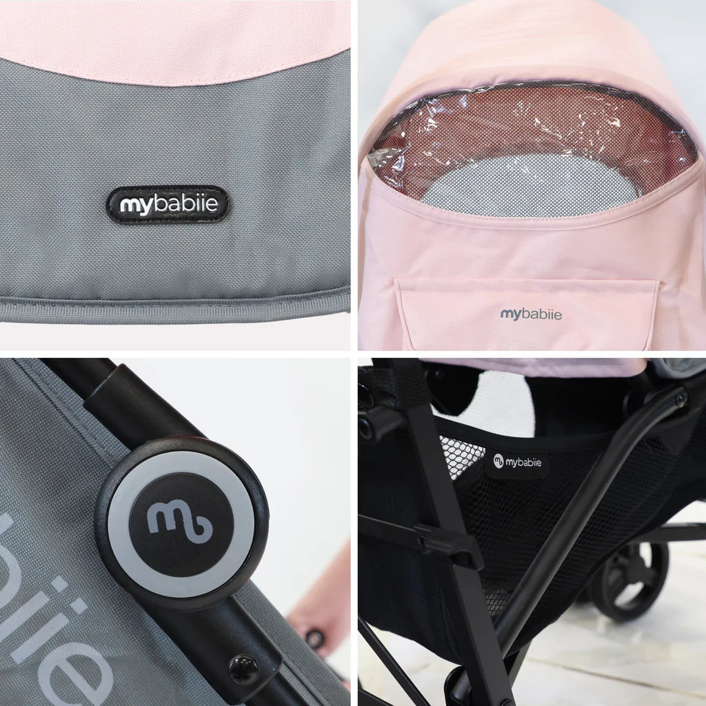 Collage of a baby stroller with 'my babiie' branding on various parts.