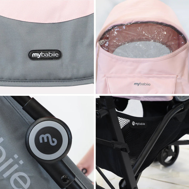 Collage of a baby stroller with 'my babiie' branding on various parts.