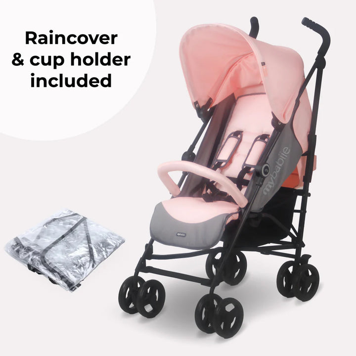 My Babiie MB02 Pink stroller with raincover and cup holder on a white background