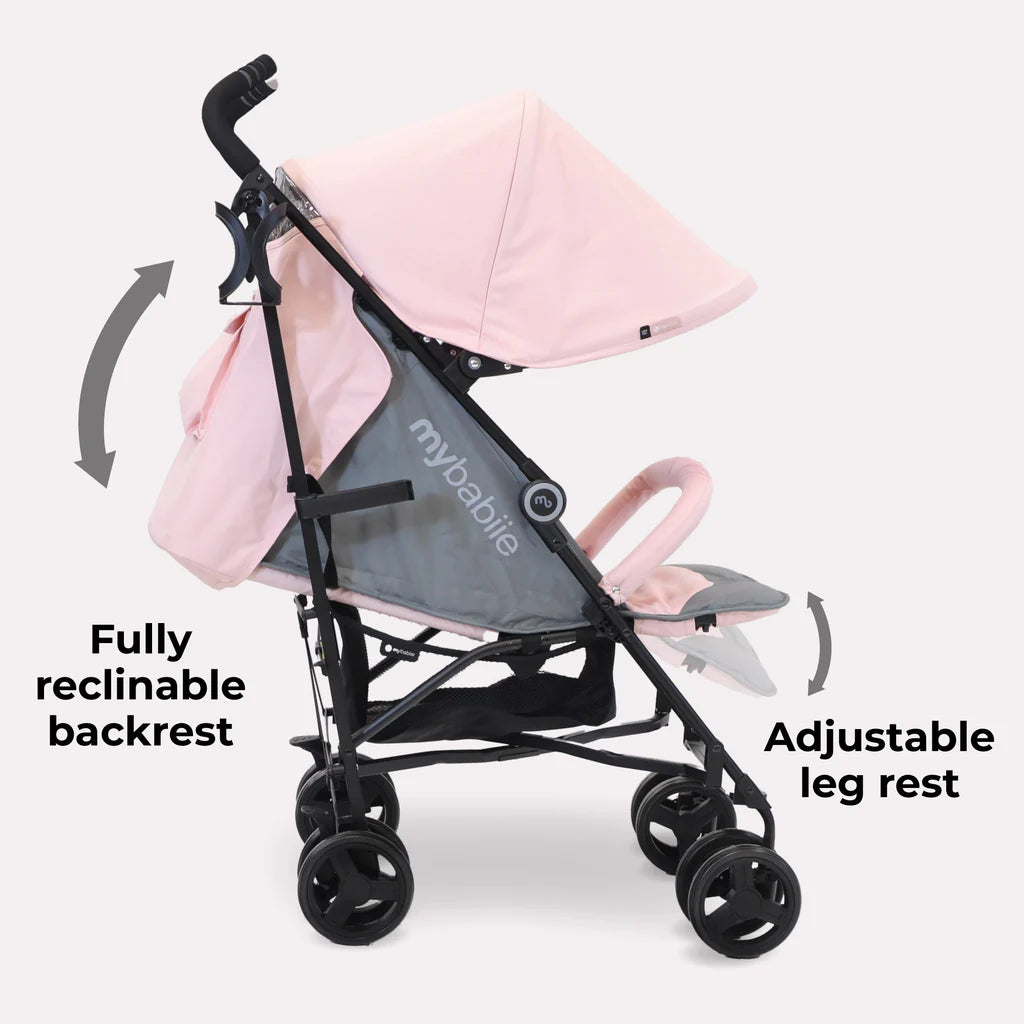 My Babiie MB02 Pink and black stroller with reclining backrest and adjustable leg rest on a white background