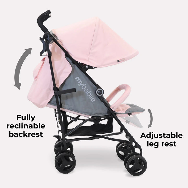 My Babiie MB02 Pink and black stroller with reclining backrest and adjustable leg rest on a white background
