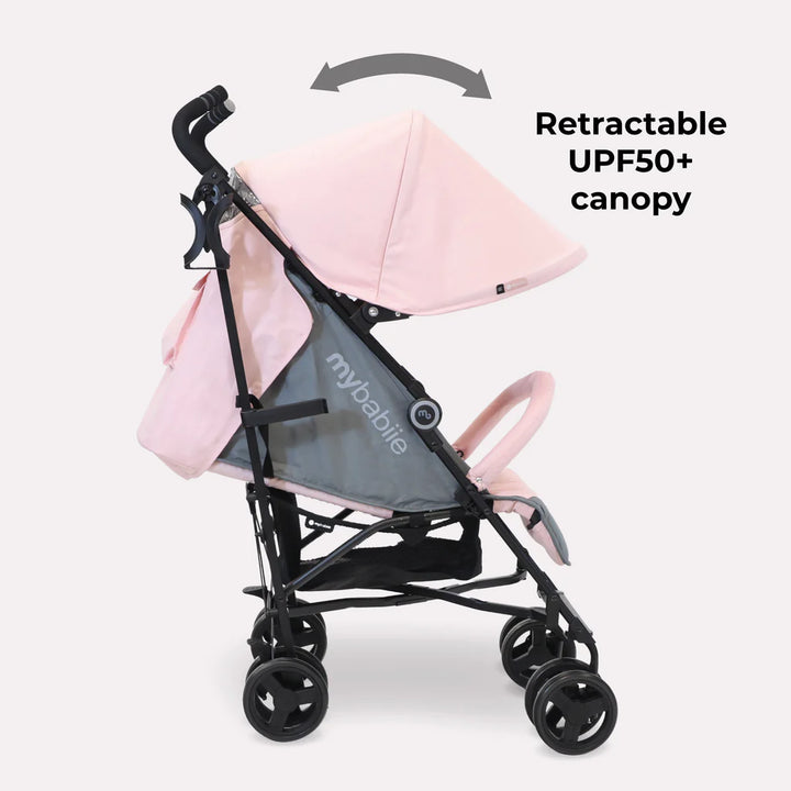 My Babiie MB02 Pink and grey stroller with retractable UPF50+ canopy on a white background 