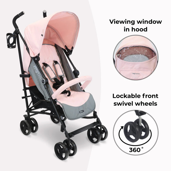 My Babiie MB02 in Pink and Grey with viewing window and swivel wheels