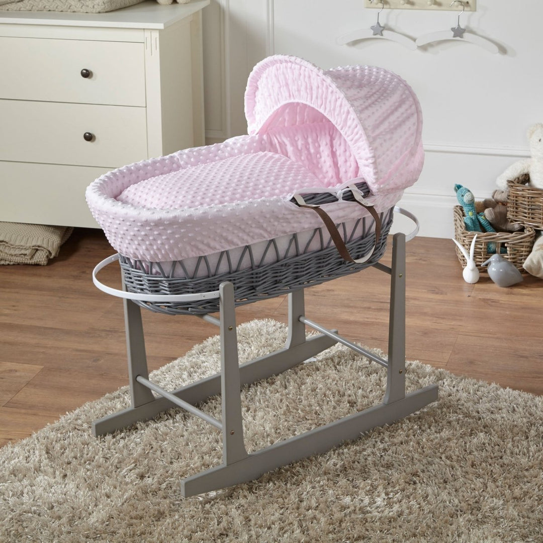 For Your Little One Pink Dimple Grey Wicker Baby Moses Basket with Stand